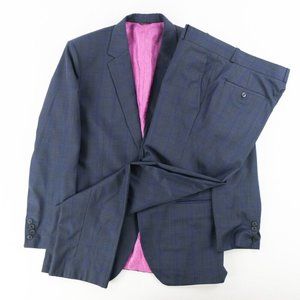 CUSTOM 2 Piece Suit Wool Gray Navy Windowpane Check 40L Jacket 36 x 31 Pant